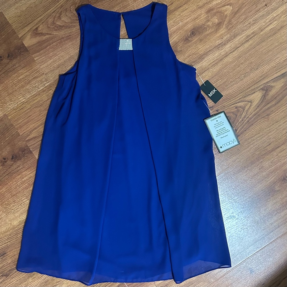MSK NWT Midi Morocan Blue dress with delicate rhinestone detail and button back.